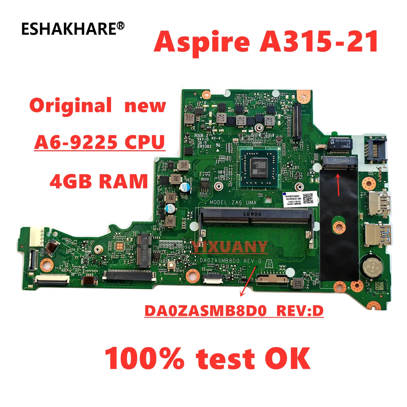 DA0ZASMB8D0 For Acer Aspire A315-21 Laptop Motherboard With A6-9225 A9-9420 CPU 4GB RAM NBGNV1100Y NBGNV1100P NBGNV1100W test ok