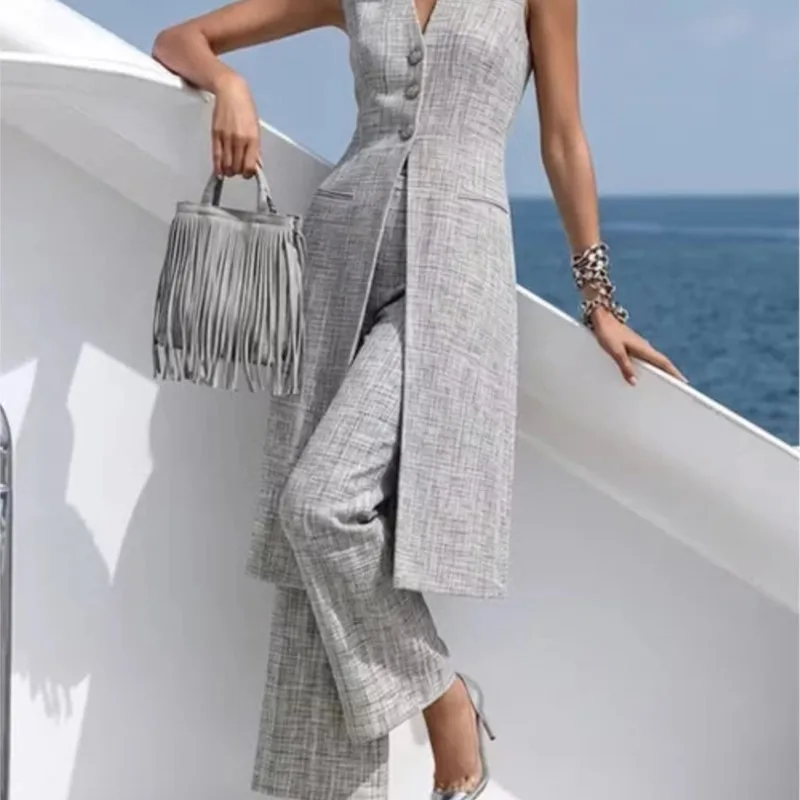 Spring Summer New For Women's Two Piece Outfit Sleeveless V Neck Long Vest + Wide Leg Pants Set Elegant Solid Office Ladies Suit