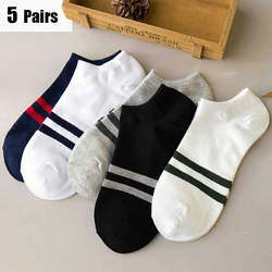 5 Pairs Of Mens Summer Thin Polyester Boat Socks Sweat Absorbing Breathable Casual Two Bar Short Tube Socks