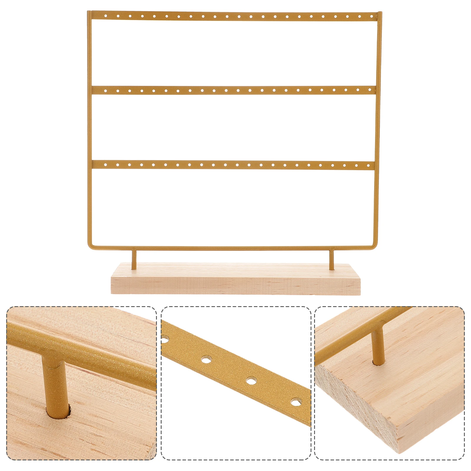 

Earring Display Stand Jewelry Holder Iron Bracelet Rack Storage Modern Design Golden Color Wooden Base Three Layers