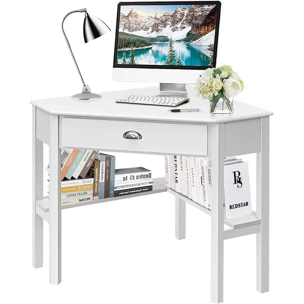 

Desk with Storage Drawers and Shelves - White Writing and Study Computer Workstation for Home Office