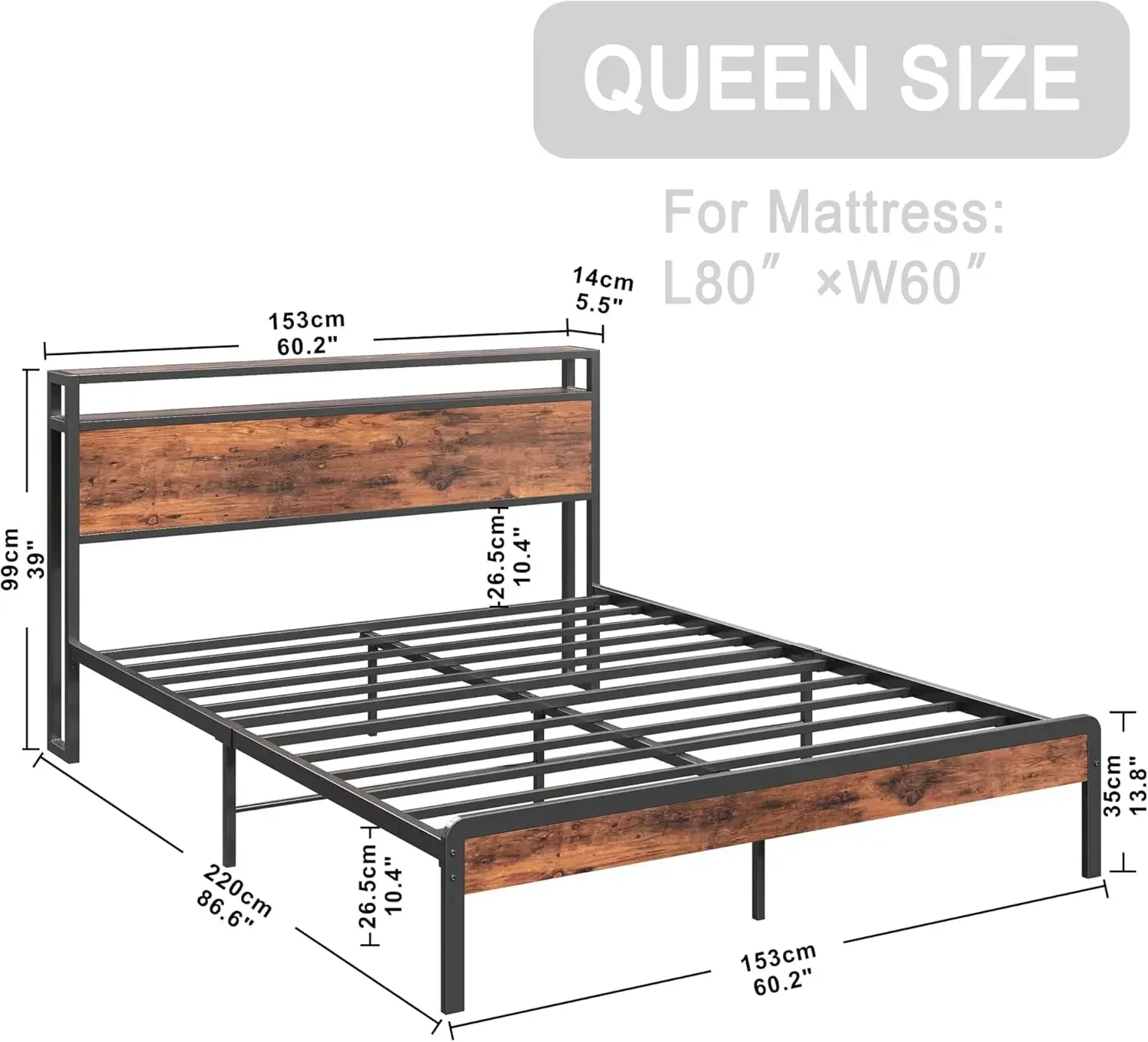 LIKIMIO Queensize bedframe, platformbedframe met opberghoofdeinde met 2 niveaus en sterke steunpoten, steviger