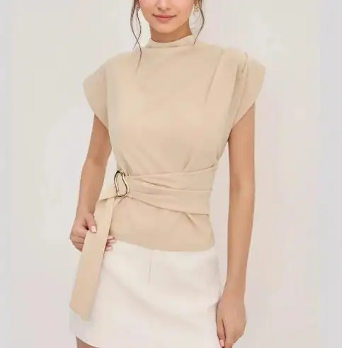 

Minimalist Women's T-Shirt 2026 Summer New Style Elegant Slimming Solid Color Stand Up Collar Strap Waist Short Sleeve Top