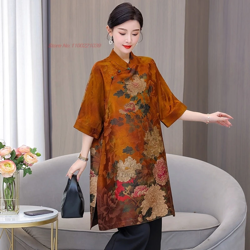 2025 chinese improved qipao vintage satin dress cheongsam national flower print loose dress traditional a-line dress streetwear