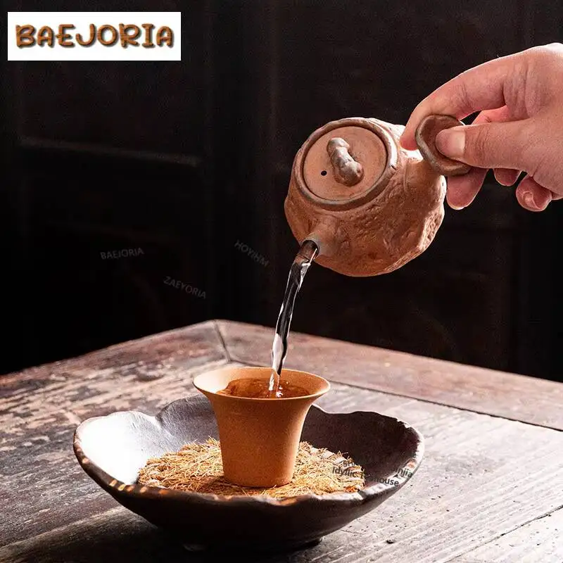 150ml Crude Pottery Side-handle Teapot Zen Tea Infuser Pot Household Tea Soaking Kettle with Ball Hole Tableware Ornaments Gifts
