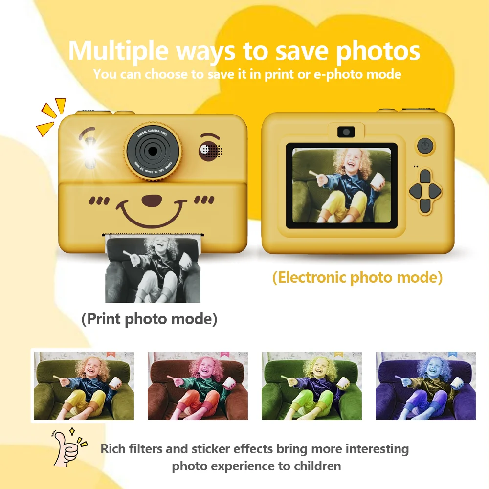 kids instant camera with 3 rolls thermal paper photo&video&games 1080p HD screen 1500mAh lithium battery  gift for boys&girls