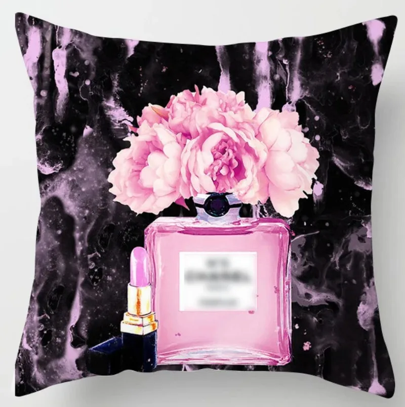 Brand Perfume Bottle Pillowcase Fashion Women Favor Cushion Home Decorative Peach Skin Velvet Perfume Sofa Pillow Cover