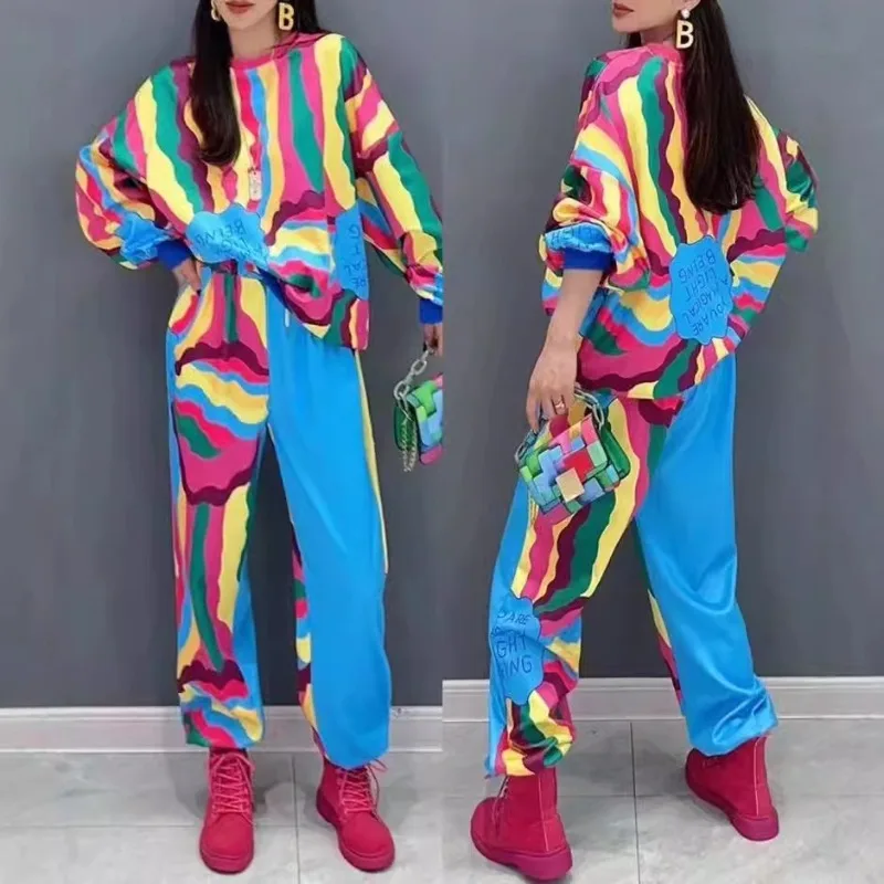 

2026 Spring New Suit Pullover Long-sleeved Sweater Casual Trousers Two-piece Set Printing Loose Sports Fashion Women