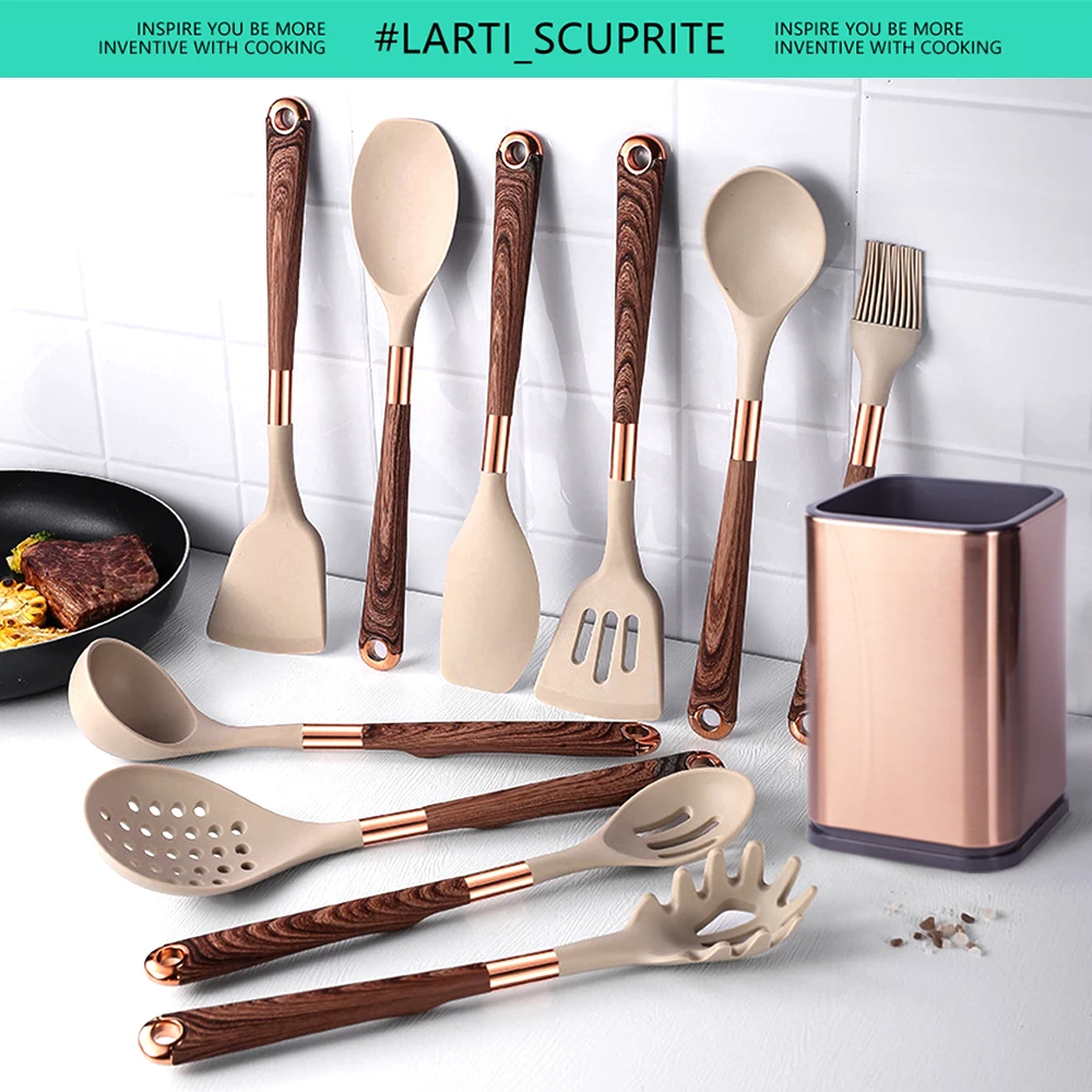 5-13pc Non-Stick Kitchen Silicone Utensil Set - Upgrade Your Kitchen with Gold-Plated Handles Cooking Tools Spatula Spoon Kit