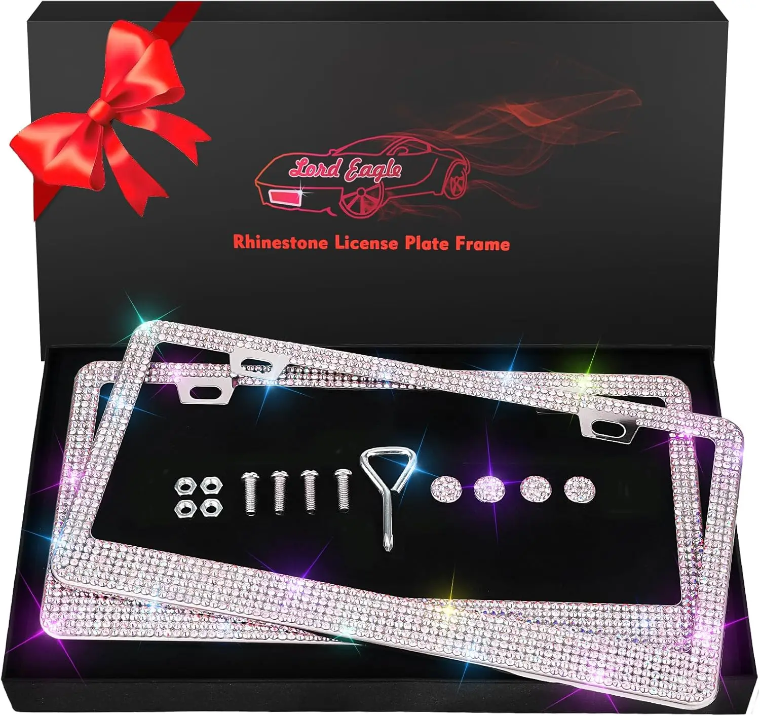 

1200+ Hand-Set AB Crystal License Plate Frames, Iridescent Rainbow Sparkle Bling Car Accessories for Women, Rust-Proof Stainless