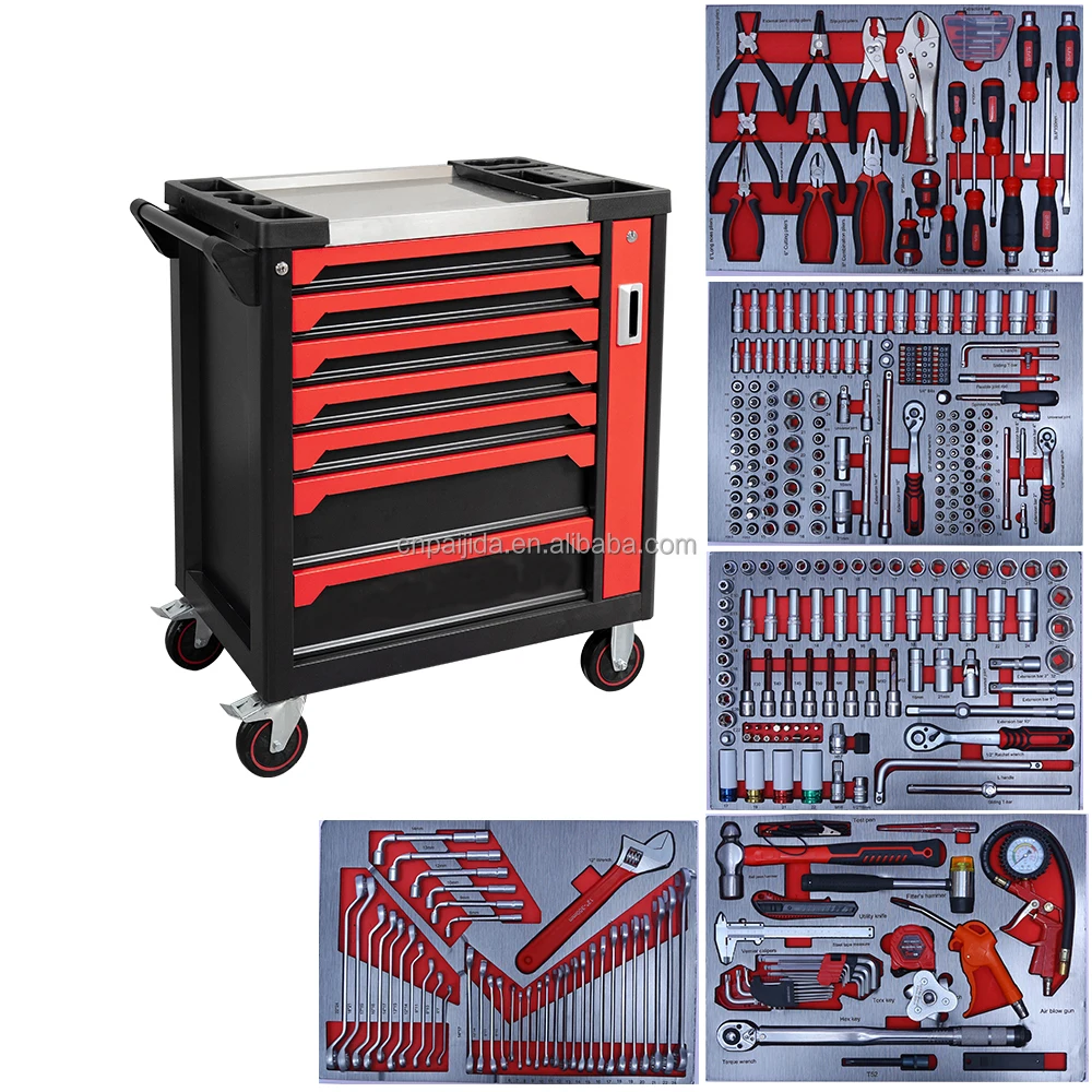 352PCS Heavy Duty Iron Toolbox 7 Drawer Lockable Red Steel Wooden Top Customizable Tool Cart For Auto Repair Workshop