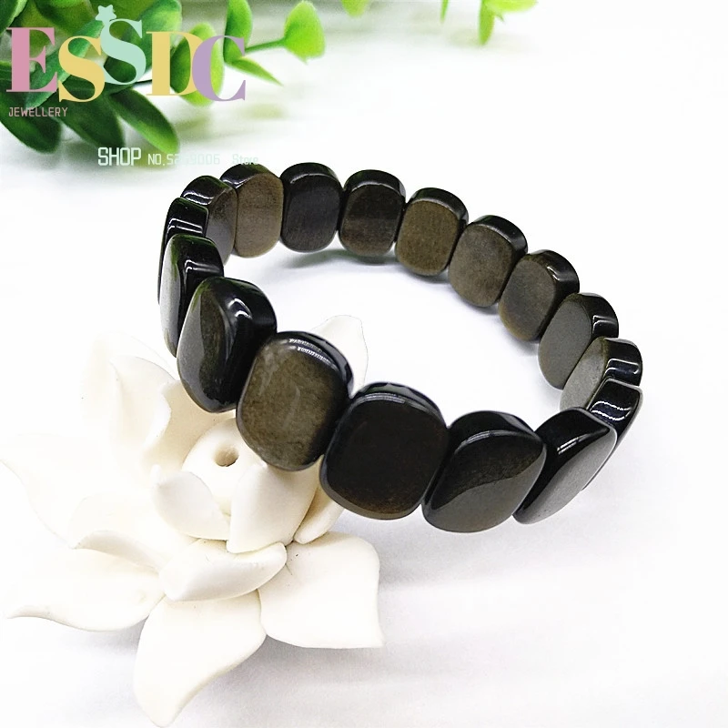 Beautiful Natural Gold Obsidian Strip Beads Gem Lucky Stretch Elastic Bracelet Fashion Jewelry For Women Man