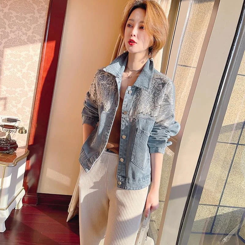 2024 Spring And Autumn Denim Jacket Women's Short Fashion Casual Heavy Industry Hot Pressed Diamond Mesh Sequin Long Sleeved Top