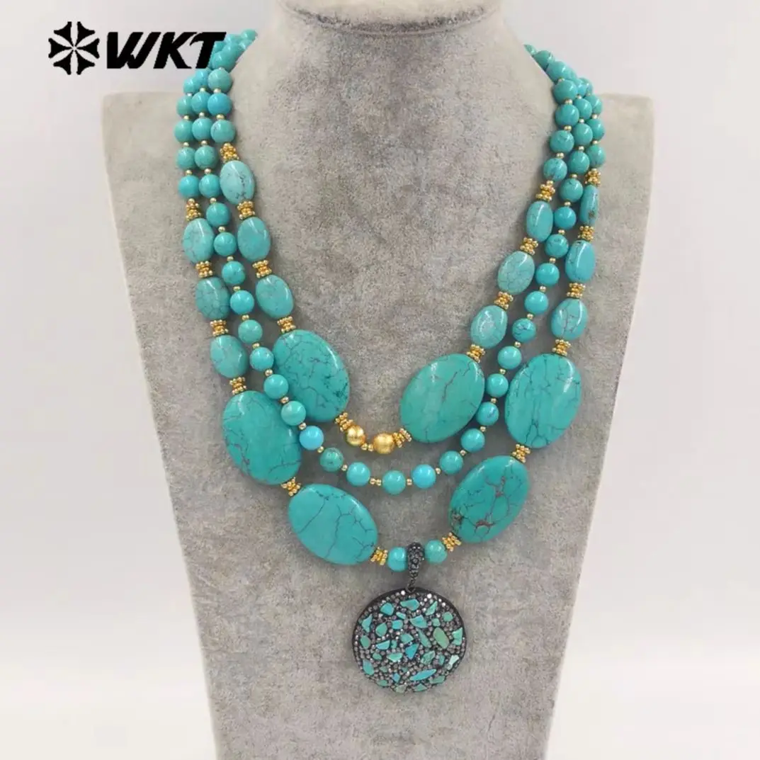 

WT-N1506 Роскошный и ретро-дизайн с бусинами из натурального бирюзового камня и подвеской, трехслойное ожерелье-цепочка для ювелирных изделий в платье