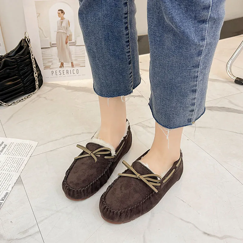 Winter Women Shoes Flat Loafers Warm Plush Inside Slip-On Casual Ladies Shoes Non-Slip Bottom Bowtie Home Slippers Shoes WSH4236