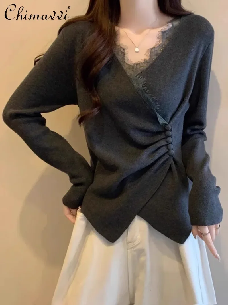 

European 2024 Autumn and Winter Lace V-neck High-end Sense Large Size Waist Cover Inner Knitted Sweater Bottoming Shirt Women