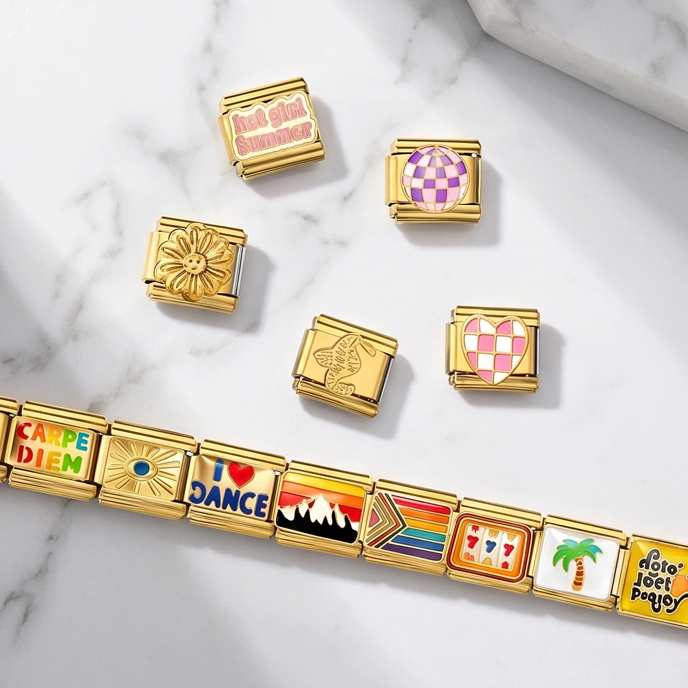 1 Stück Goldfarbenes Tägliches Zierliches Kirsch-Regenbogen-Herz Rosa Schleife Italienisches Gliederarmband für 9mm Armbänder DIY Perlen Edelstahl Schmuck – Detail 5