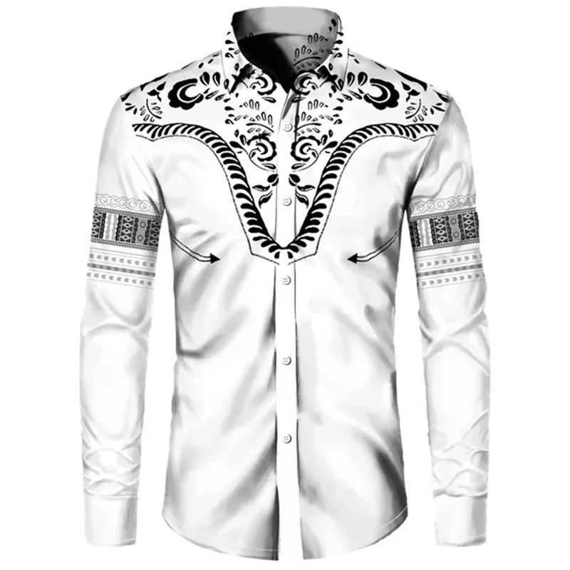 Colorful African Pattern Hawaiian Shirts For Men Retro Ethnic 3D Printed Blouse Casual Loose Aloha Shirts Long Sleeves Tops