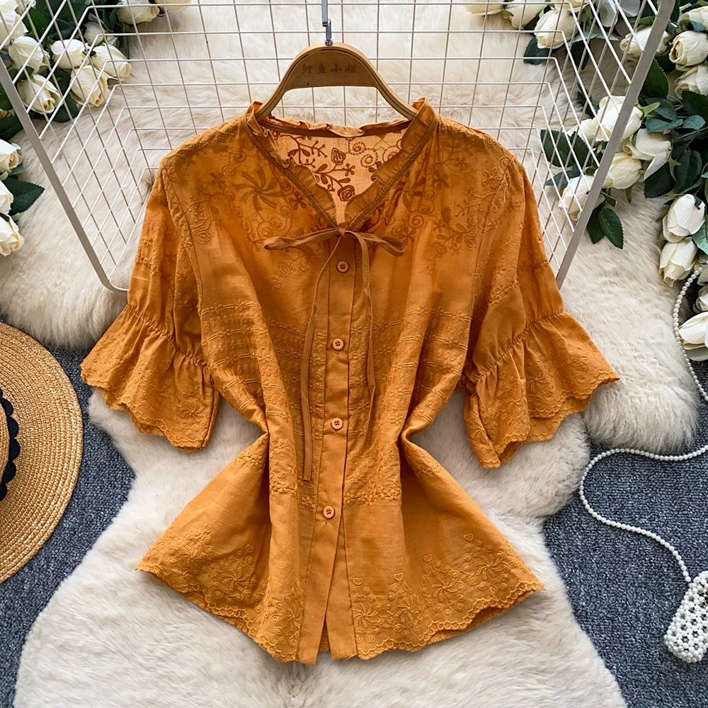 Women's Embroidered Blouse Lace V-Neck Short-Sleeve Soft Commuter Tie Waist Slim Fit Chic Top Female Blusa Fall Spring BL682
