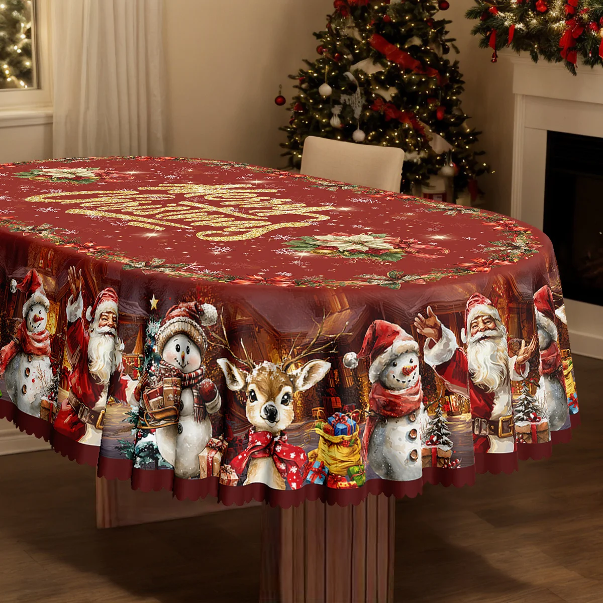 Pack of 1, Christmas Party Tablecloth, Bow Snowman Christmas Tree Christmas Atmosphere Pattern Table Cover