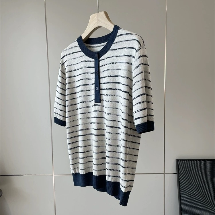 

Women's Silk Linen Blend Striped Half Open round Neck Knitted Sweater Spring 2026 Regular Length Overhead Wearing