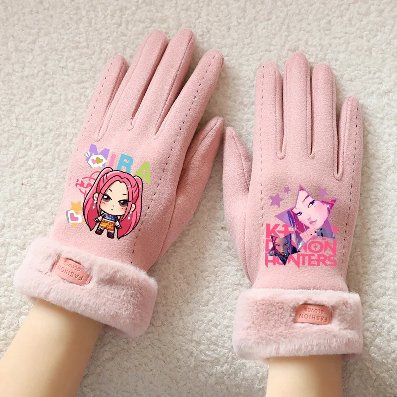 KPop Demon Hunters Gloves Cute Cartoon Winter Outdoor Activities Warm Cold Resistant Plush Full Finger Mittens Children's Gift - Image 3