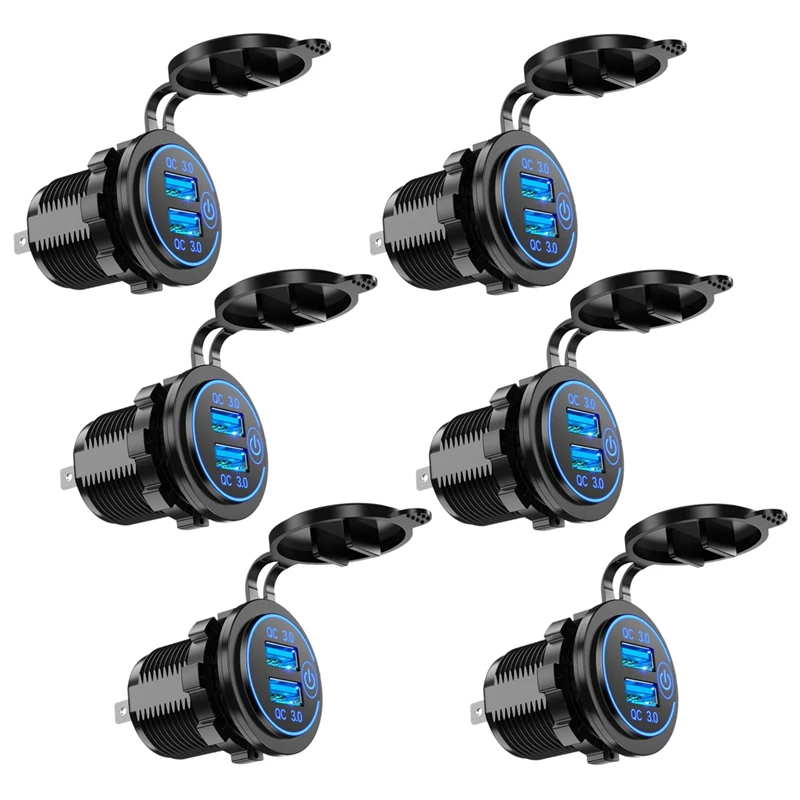 

6X Quick Charge 3.0 Dual USB Car Charger 12V 36W USB Fast Charger With Switch For Boat Motorcycle Truck Golf Cart Blue