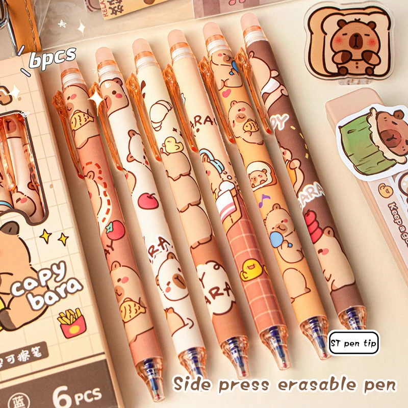 Kawaii 6Pcs Cute Capybara Erasable Gel Pens – Quick-Drying Blue Pen Set for Office and School Stationery Supplies