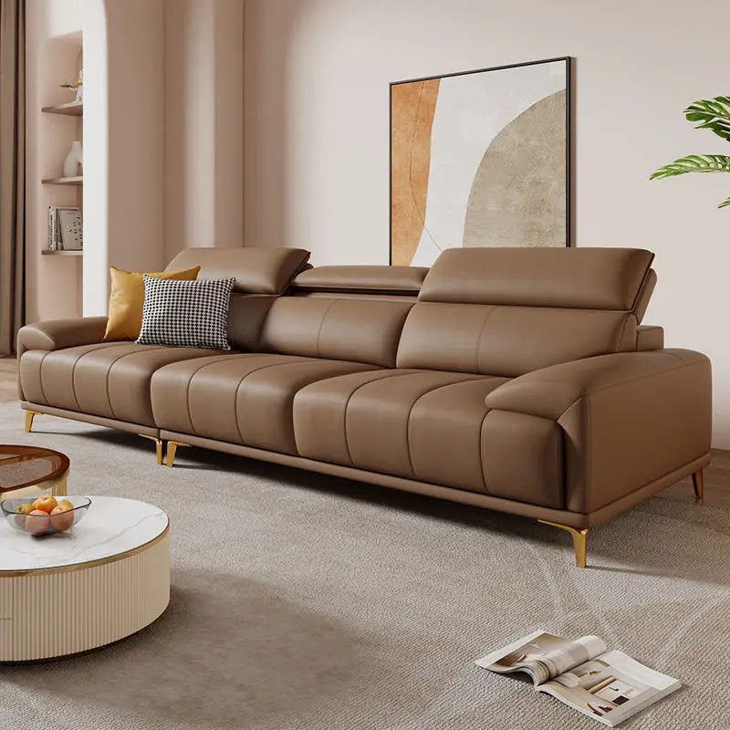 Sofa first layer cowhide Italian minimalist sofa multi-person straight row sofa adjustable headrest