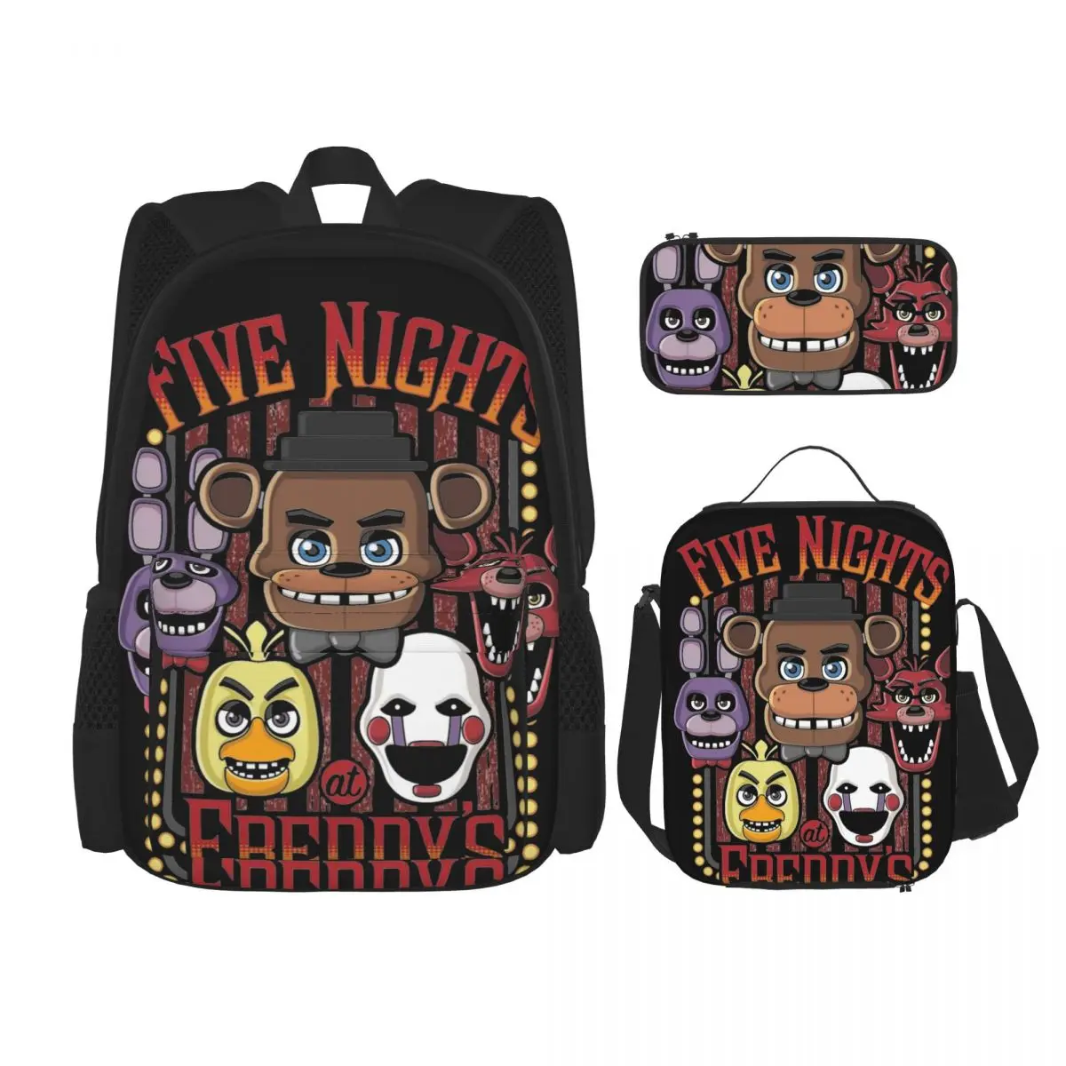 

FNAF Pizzeria 3pecs/set Backpack for Student Freddy Fazbear High School Canvas Bags Lunch bag Pencil Case