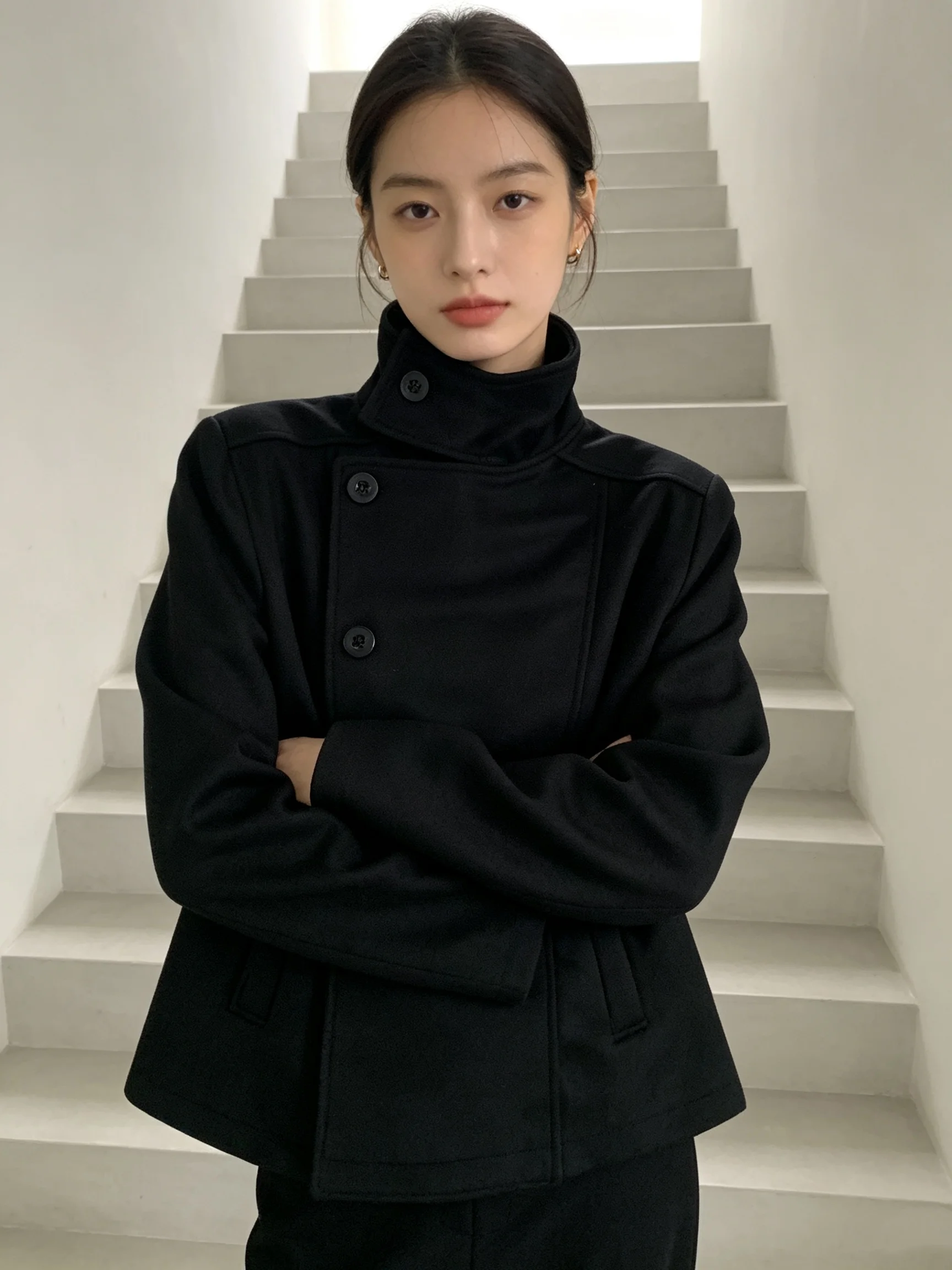 Korean style diagonal buckle stand up collar simple black casual versatile and slimming commuting unisex jacket