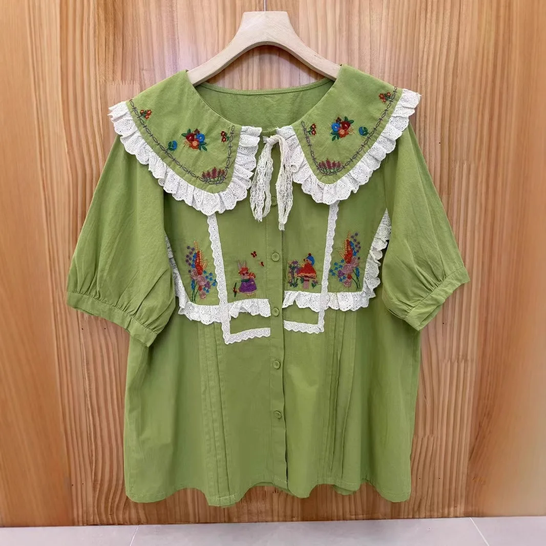 Japanese Sweet Mori Girl Lace Cartoon Embroidery Shirts Women Summer New Cute Peter Pan Collar Short Sleeve Casual Blouse Tops