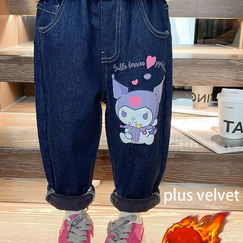

Кавайные джинсы для девочек Sanrio Kuromi плюс вельветовые детские повседневные брюки теплые брюки аниме мультфильм осень и зима детская одежда