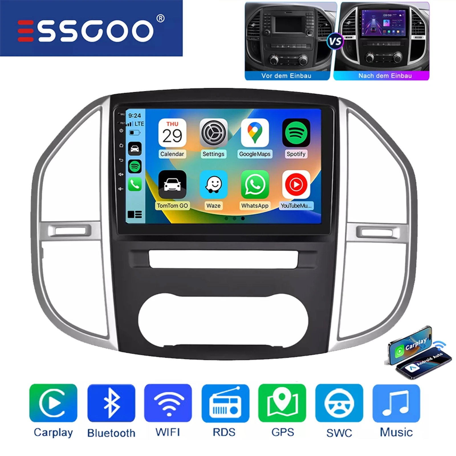 ESSGOO 10 "2 DIN Android 14 Autoradio Multimedia Video Player Voor Benz Vito 3 W447 2014-20 GPS Navi 32 GB/64G Carplay WIFI RDS BT - afbeelding 2