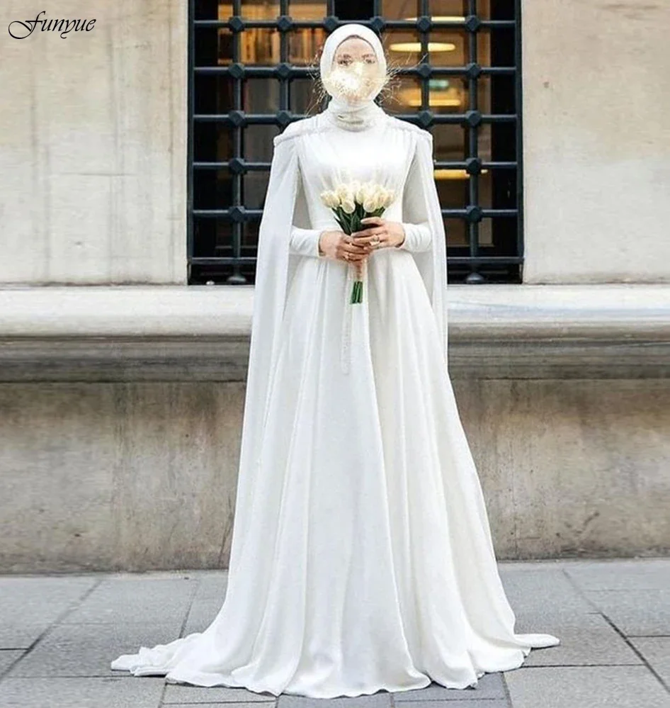 

Customized Elegant France Muslim Hijab Wedding Dress A-Line Chiffon Cape Dubai Arabic Vestidos De Novia 2025 White Bridal Dress