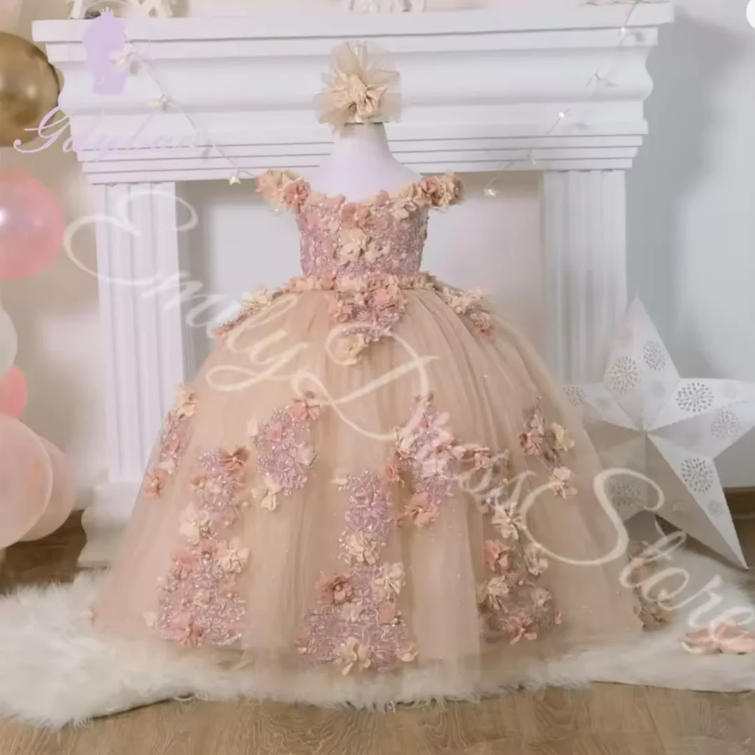 فستان فتاة الزهور لحفلات الزفاف ثلاثي الأبعاد مزين بالتول فستان الأميرة الفاخر للأطفال لحفلات أعياد الميلاد المسائية