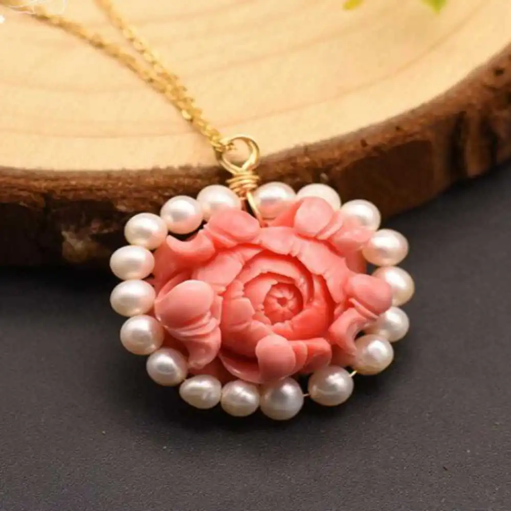 2022 New Natural Freshwater pearl pink coral flower pendant Crystal Reiki Chakra Jewelry Silver Beads Tibetan Energy Charm