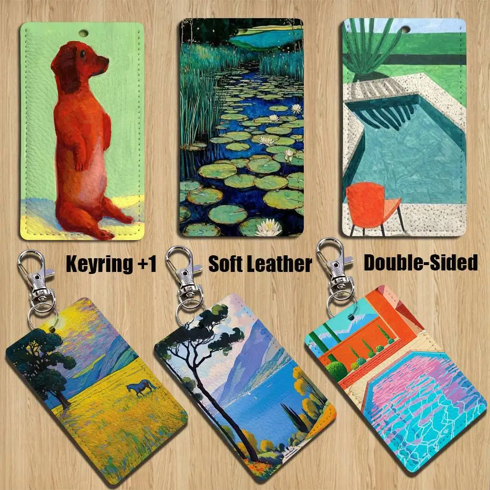 

D-DavidS Hockney A-Art Rectangle ID Card Case Keychain Access Card Bag Key Tag Ring Leather Card Holder Key Ring Access