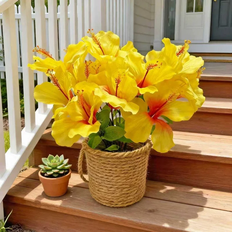 15 flores = 3 ramos de hibiscos artificiales de primavera/verano, flores artificiales grandes de hibisco rojo con 5 cabezas para decoración del hogar, arreglo floral artificial para sala de estar, ramo de flores de seda adecuado para bodas, decoración interior y exterior, temporada de primavera/verano/Día de la Madre/graduación, arreglo floral DIY, decoración floral artificial para cementerios, no incluye florero