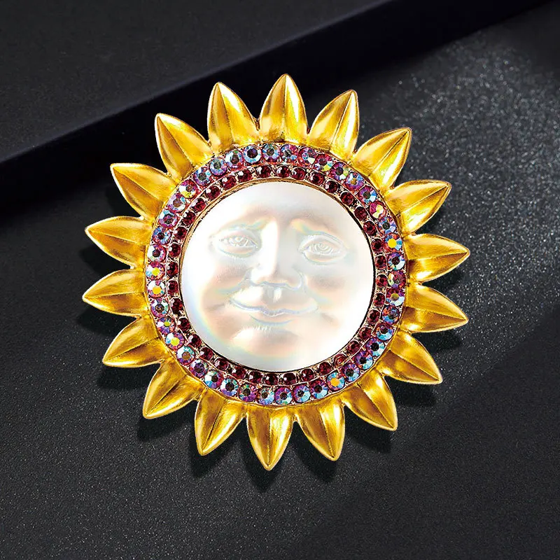 New Creative Baroque Dazzle Moon Sun Enamel Badges Pins For Women Classic Retro Middle Metal Corsage Party Banquet Pin