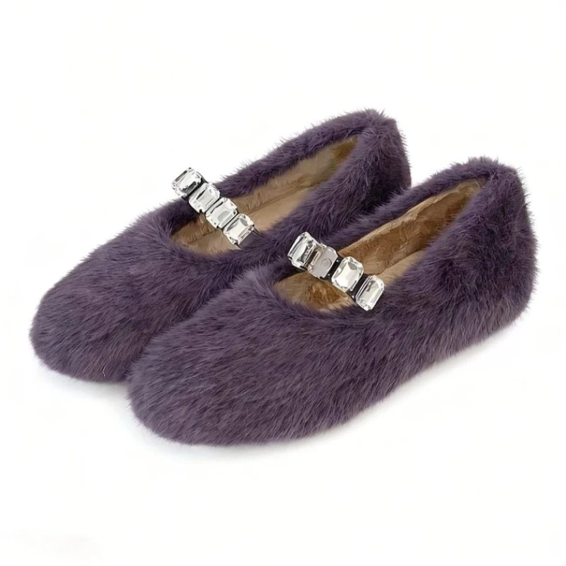

Furry Rhinestone Ballet Flats Women Warm Shallow Comfort Winter Designer Cotton Shoes Fashion Round Toe Low Heel Mary Jane Shoes