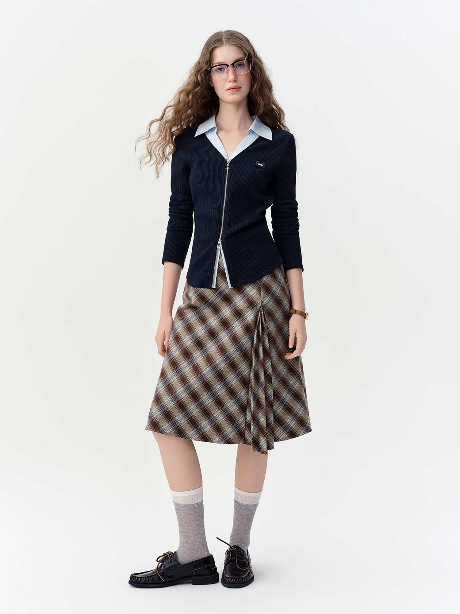 DUSHU 2026 Winter Women Blue Coffee Plaid A-Line Midi Skirt High Waist Tartan Flared Half Skirt Elegant Commute Casual Trendy