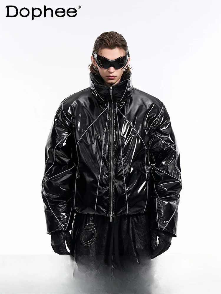 Męskie błyszczące puchowe kurtki bawełniane męskie 2024 Winter New Reflective Line Bread Jacket Zagęszczony ciepły puchowy płaszcz bawełniany z długim rękawem