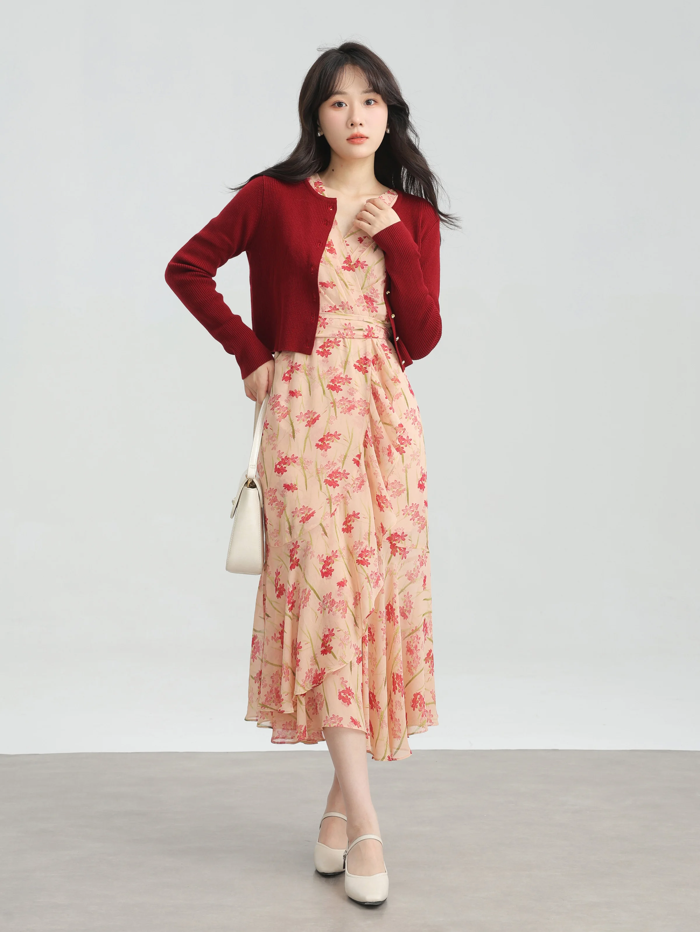 

French V-Neck Floral Chiffon Dress for Spring& Fall – High Waist Wrap A-Line Maxi Dress with Ruffle Hem and Elegant Long Sleeves
