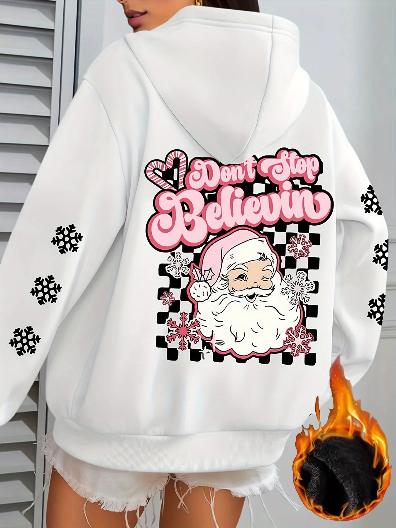 Women's Christmas Themed Hoodie Long Sleeve Pullover with Front & Back Print Casual Sweatshirt with Kangaroo Pocket