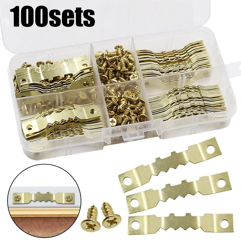 Sawtooth hook 100pcs with screw fixed photo frame accessory combination, flat head screw metal straight rod hanger accessory