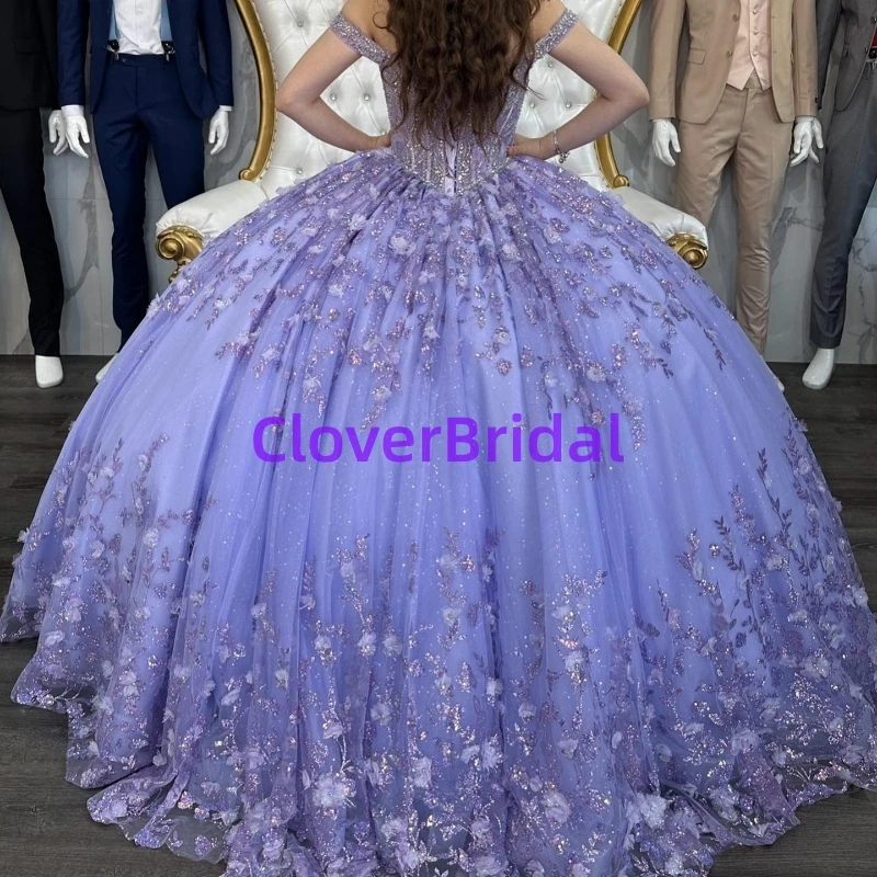 CloverBridal Heavily Beaded Lavender Ball Gown Dress Off Shoulder Pearls 3D Floral Glitter Mexican Sweet 16 dresses WQ9676