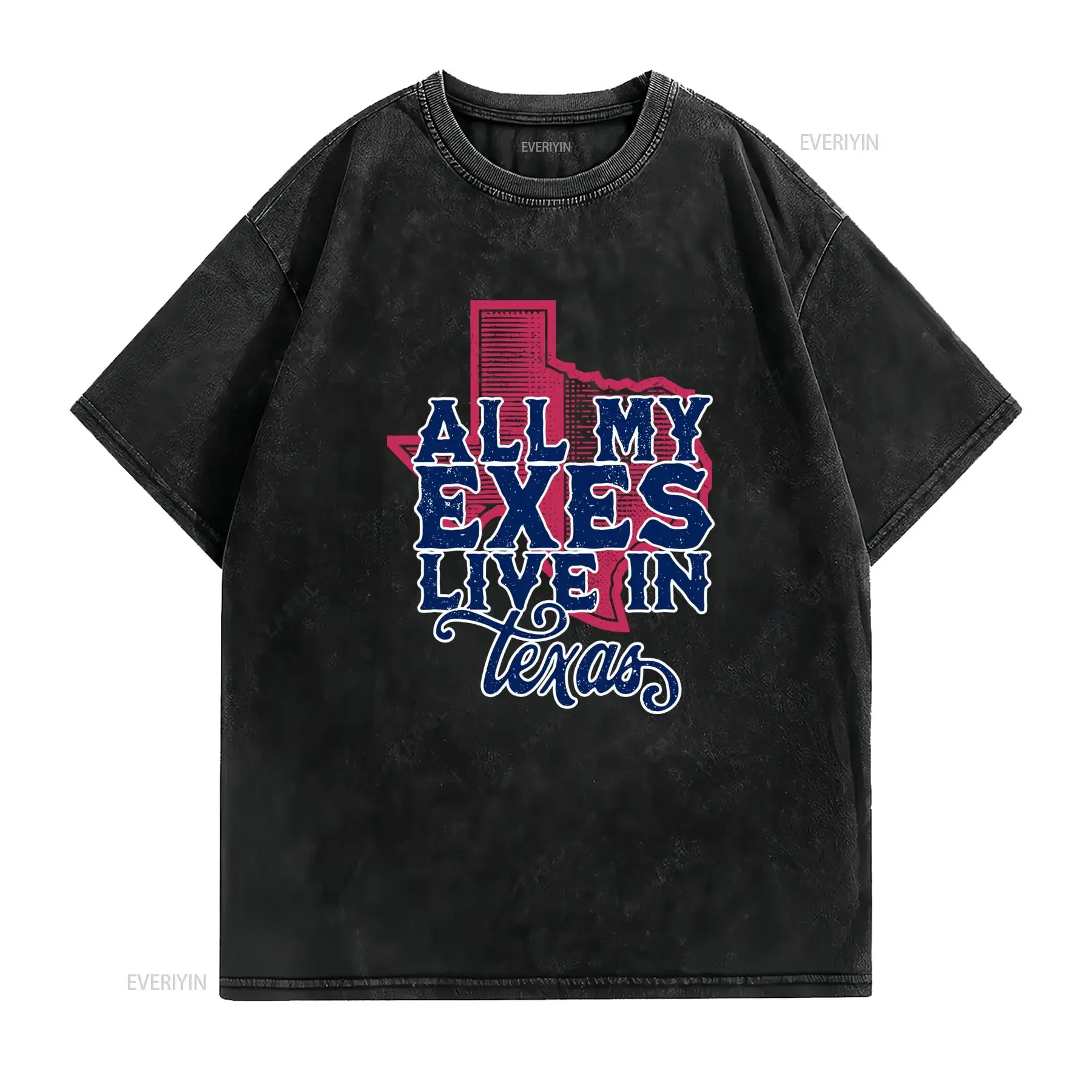 Retro Distressed All My Exes Live In Texas Funny Slogan Print Casual T Shirt vintage Washed Comfortable streetwear fashion