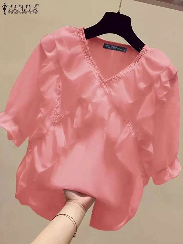 ZANZEA Sweety Ruffle Chiffon Blouse Women Korean Short Lantern Sleeve Tops Elegant V-neck Elastic Strap Tunic 2024 Elegant Shirt