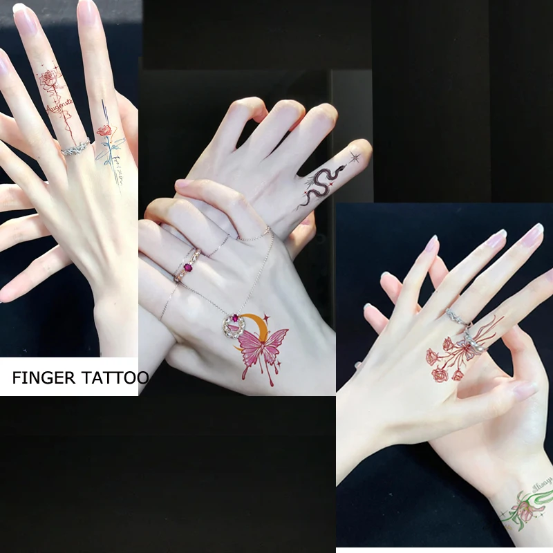 Red Rose Tattoo Sticker Russian Script Finger Colorfull Flower for Men Women Temporary Waterproof Daily Party Makeup Body Art